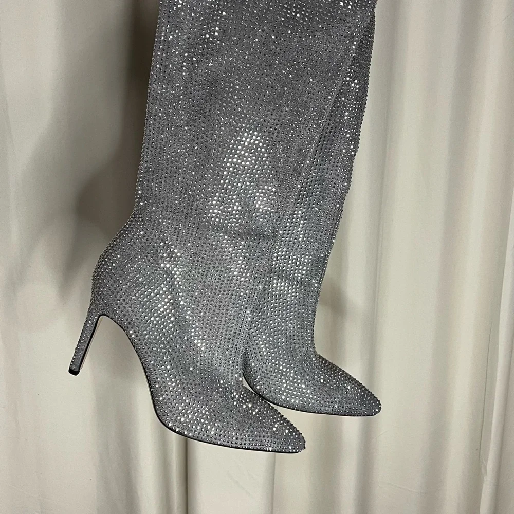 Silver Rhinestone Stiletto Women's Knee-High Boots - Picture 12 of 14